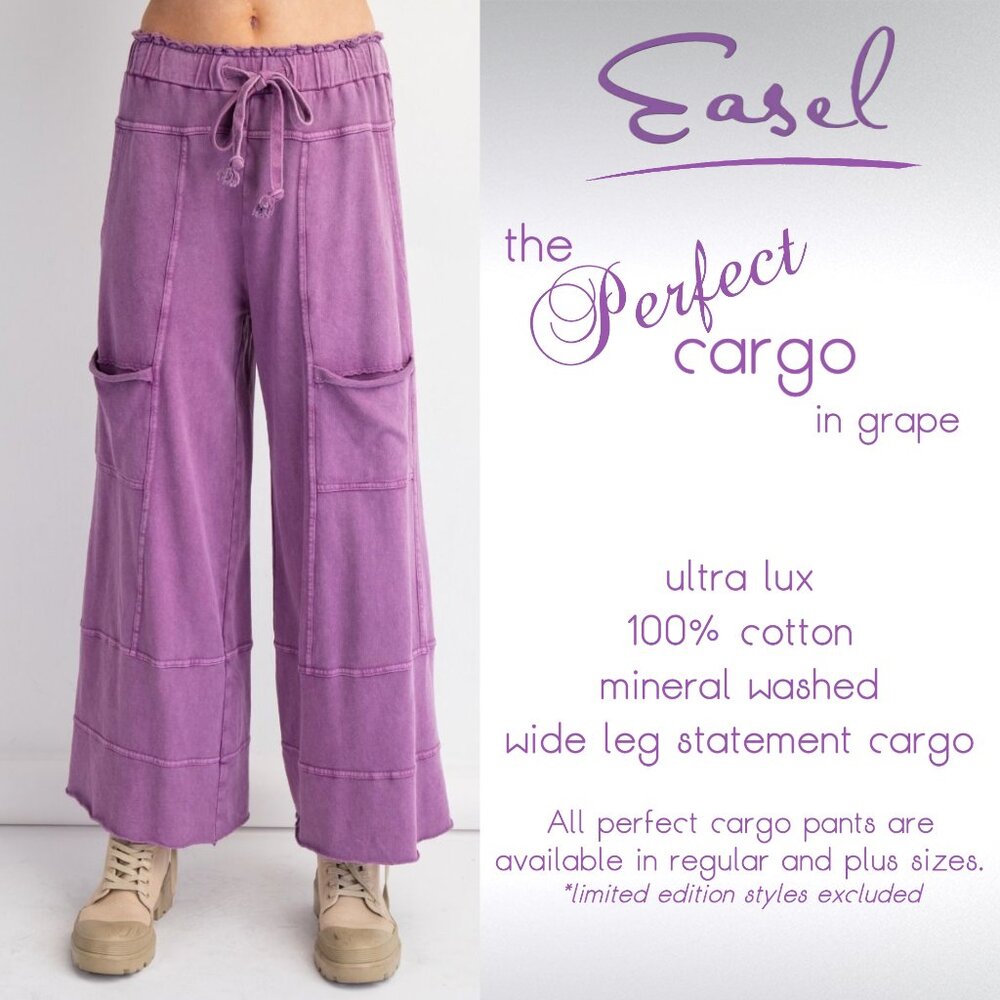 EASEL "Perfect Cargo" Terry Knit Mineral Washed Flared Leg Pants Raw Hem & Seams